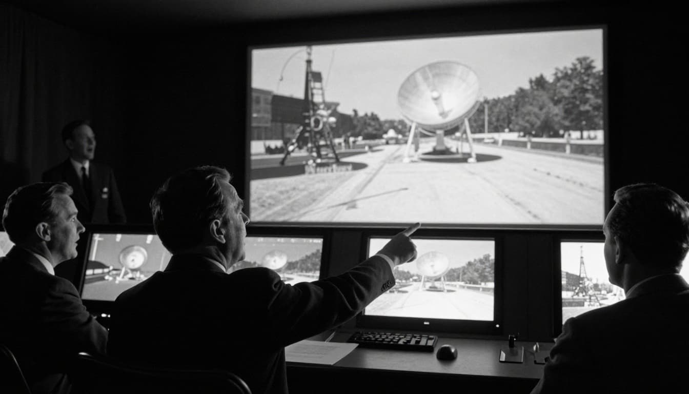 In a 1960s control room during the Telstar satellite's first transatlantic TV broadcast, suited engineers watch black-and-white monitors showing the Andover Earth station and Paris landmarks amid an excited atmosphere with dramatic shadows and cinematic lighting.