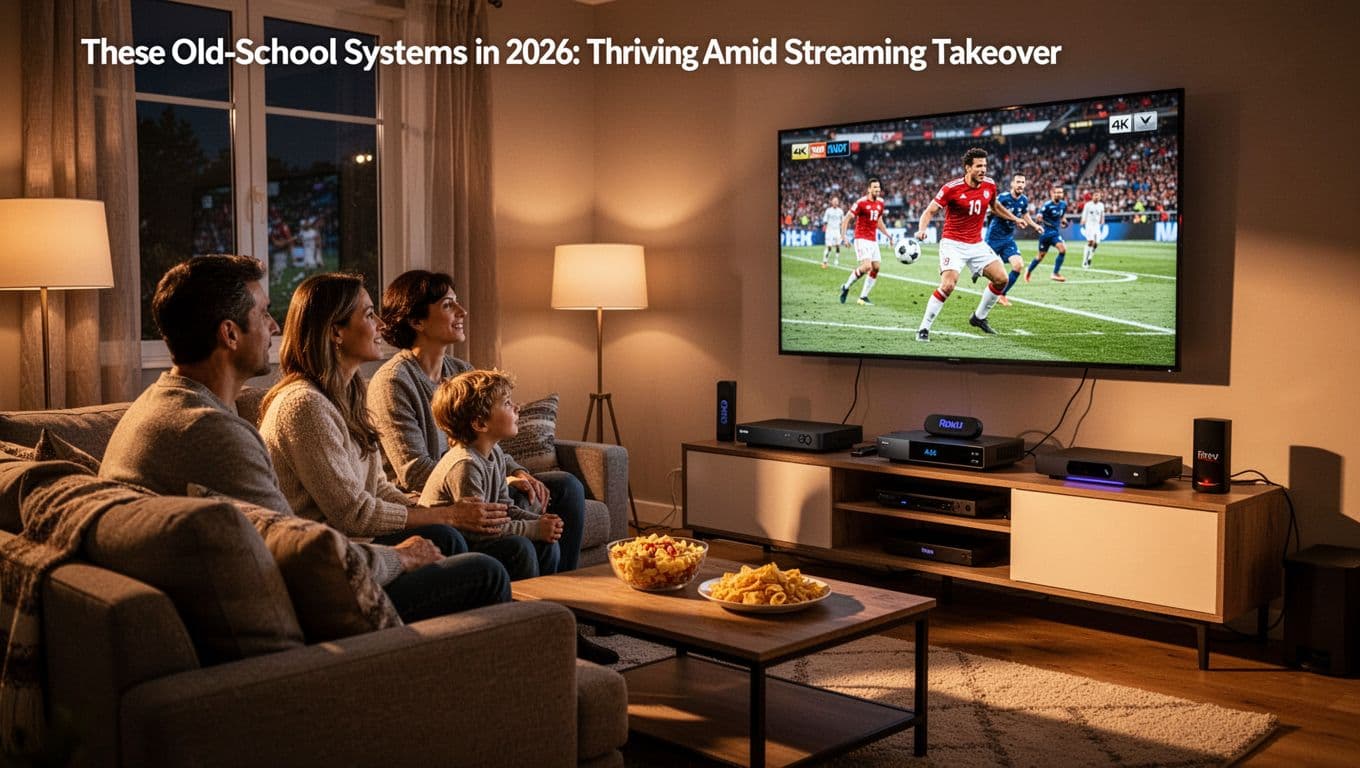 A 2026 living room setup showing live sports on a wall-mounted TV connected to cable and satellite equipment, with streaming devices nearby.