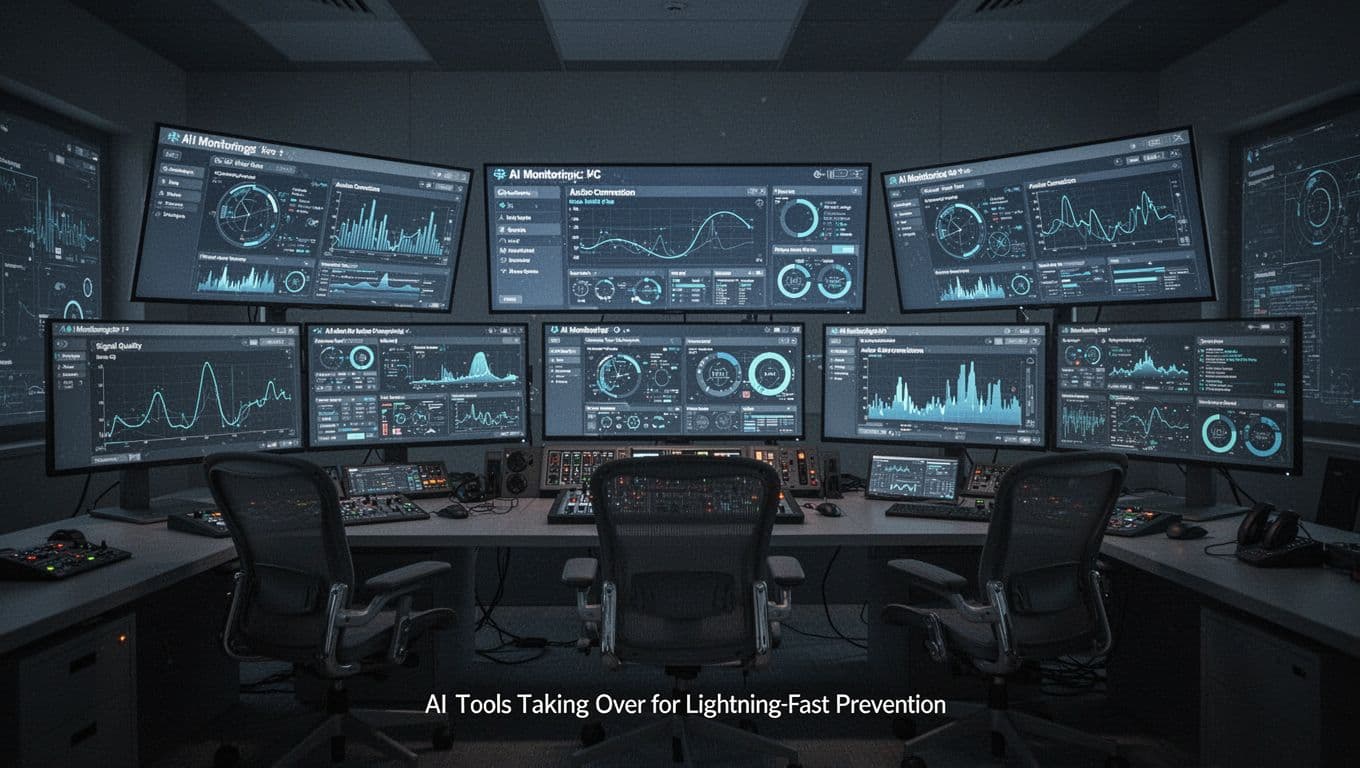 Modern empty broadcast control room with multiple angled screens showing AI dashboards for signal quality and auto-corrections, illuminated by soft screen glows in deep blues and grays.
