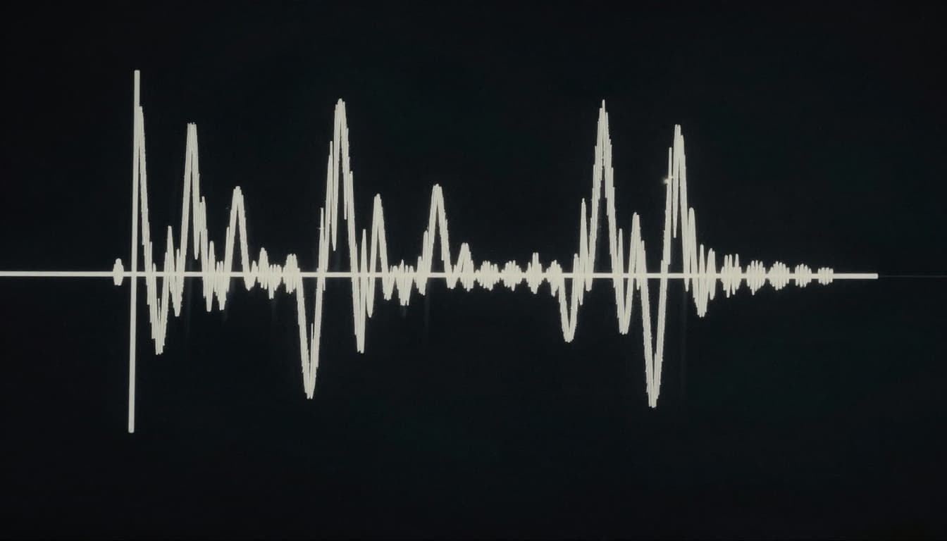 AM modulated wave with envelope detector showing diode clipping and smoothing to audio waveform output on dark background. Realistic technical diagram in cinematic style with high contrast and dramatic lighting.