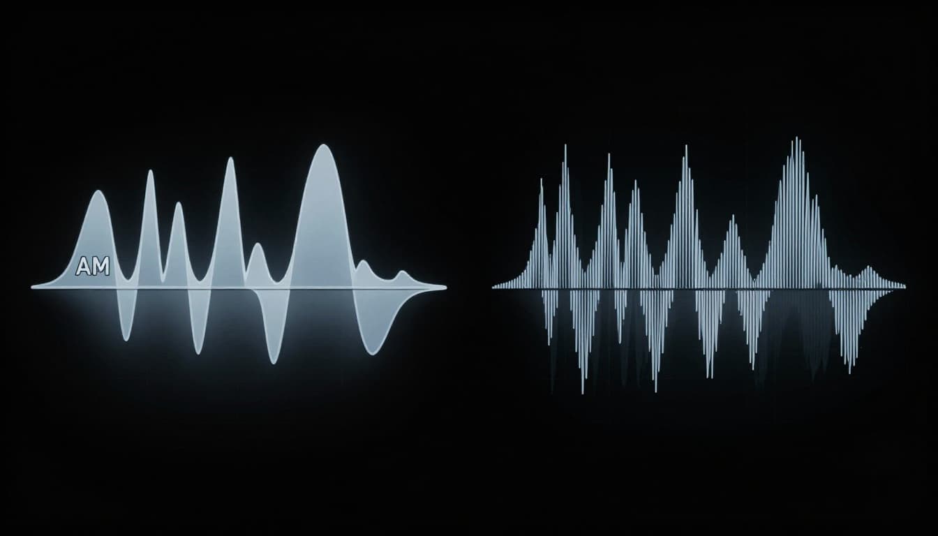 Side-by-side illustration of AM waveform with varying amplitude and steady frequency on the left, contrasted with FM waveform featuring steady amplitude and varying frequency on the right, overlaid on a carrier wave with faint audio signal, set against a black background in cool blue-gray tones.