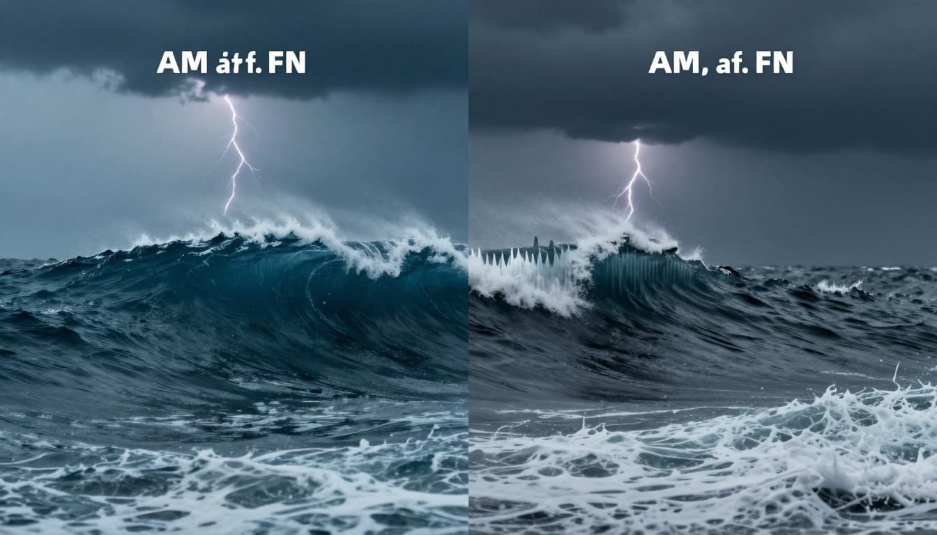 Side-by-side cinematic visualization of AM and FM radio waves as dramatic ocean waves in a stormy sea: AM with varying heights and steady frequency on the left, FM with steady heights and varying frequency on the right.
