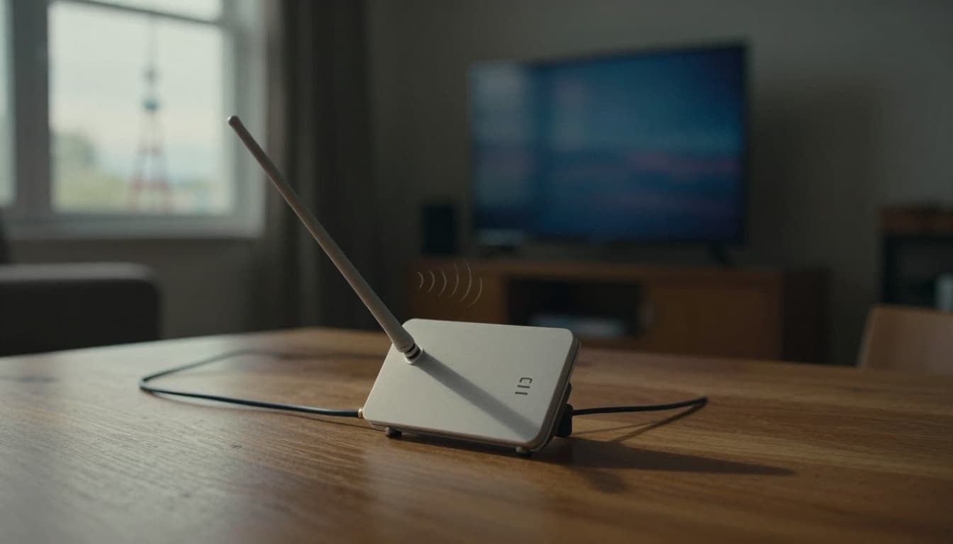An amplified indoor OTA antenna on a wooden table in a cozy living room, connected by coaxial cable, with faint signal waves from distant TV towers through the window.