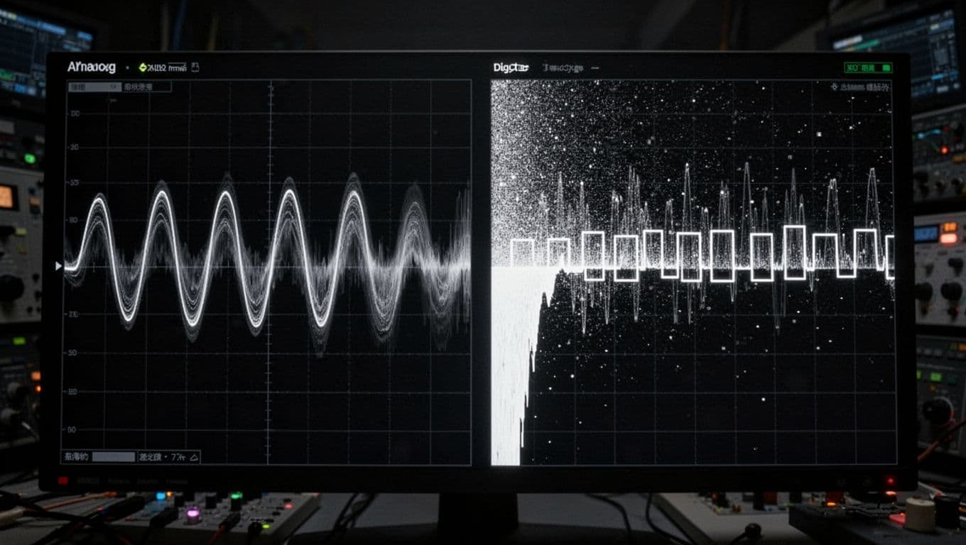Split oscilloscope display with left side showing continuous wavy analog signal gradually fading and distorting into noise, and right side depicting sharp rectangular digital pulses ending in an abrupt cliff drop to nothing. Dark tech lab background in cinematic style with strong contrast, depth, and dramatic side lighting.