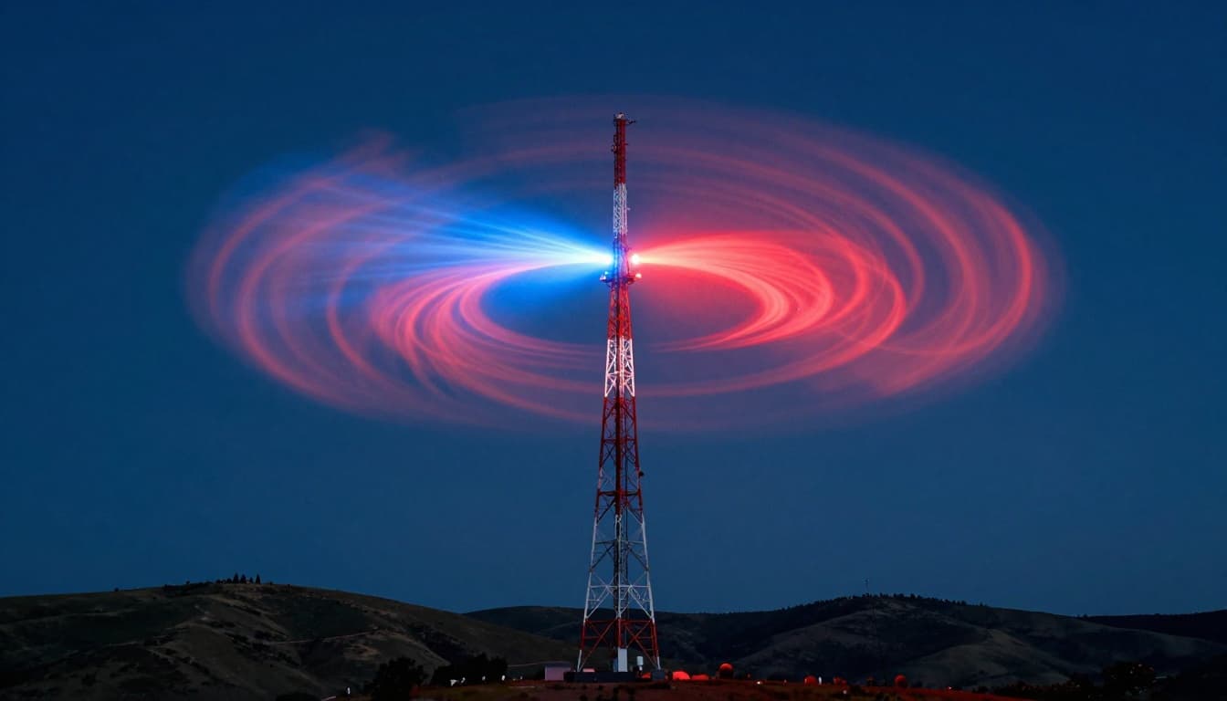 A tall broadcast tower antenna vibrates with electricity, generating expanding spherical radio waves in electric blue and magnetic red fields propagating outward at light speed against a clear night sky over a hilly landscape.