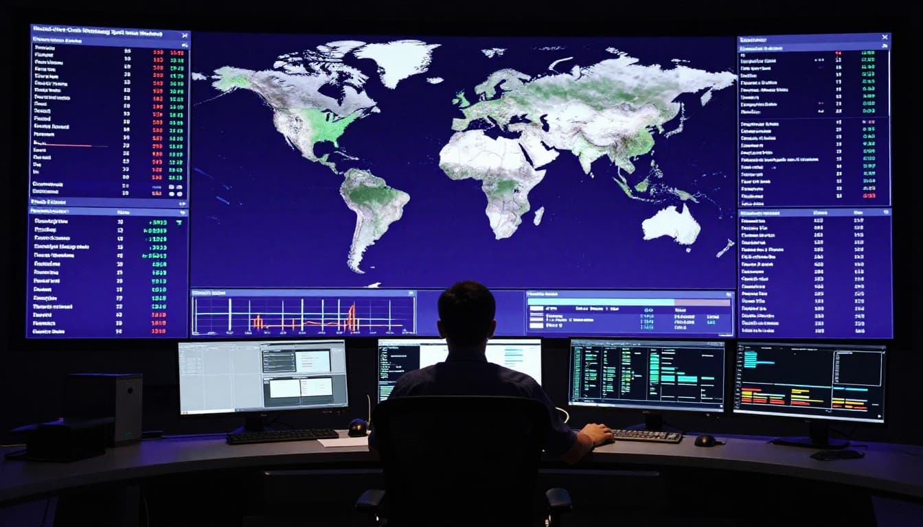 Broadcast control room featuring a central dashboard with signal quality graphs and world map, one operator seated relaxed at the desk. Cinematic style with strong contrast, dramatic lighting, and cool blue-purple palette.
