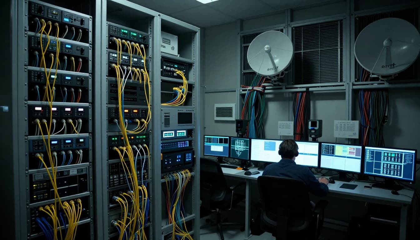 Interior of a cable TV headend facility with rows of equipment racks processing incoming satellite and fiber optic signals into channels like ESPN and ABC, with exactly one engineer monitoring screens in the background under dramatic cinematic lighting.