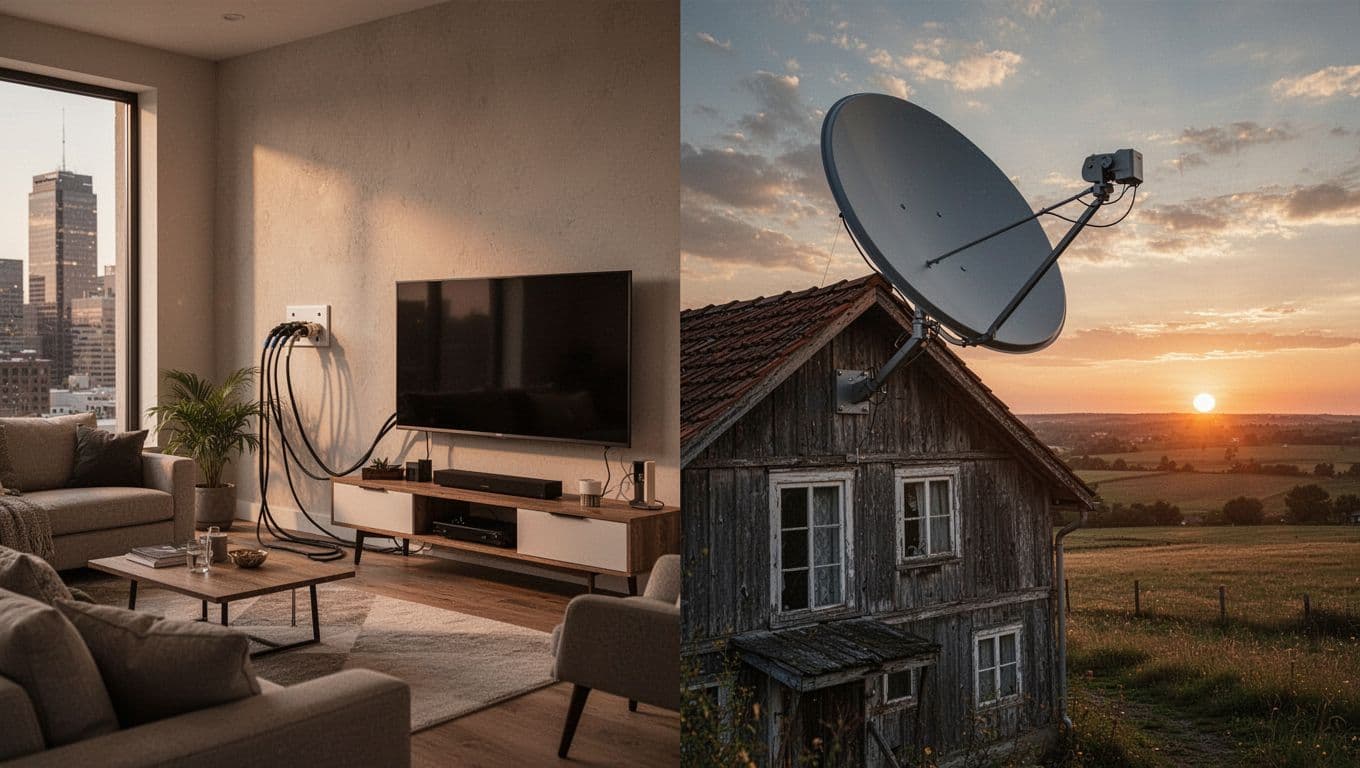 Side-by-side split image featuring a modern urban living room with a coaxial cable TV setup on the left and a rural house exterior with a satellite dish on the right against a sunset sky.