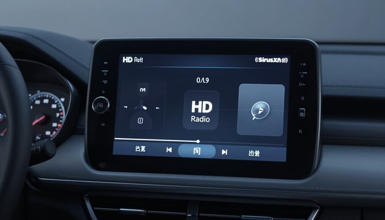 Modern digital radio receiver in car dashboard displaying HD Radio and SiriusXM channels with a sleek, softly lit interface in a nighttime interior, featuring strong contrast, dramatic lighting, cinematic style, cool blue-gray tones, exactly one device, no people.