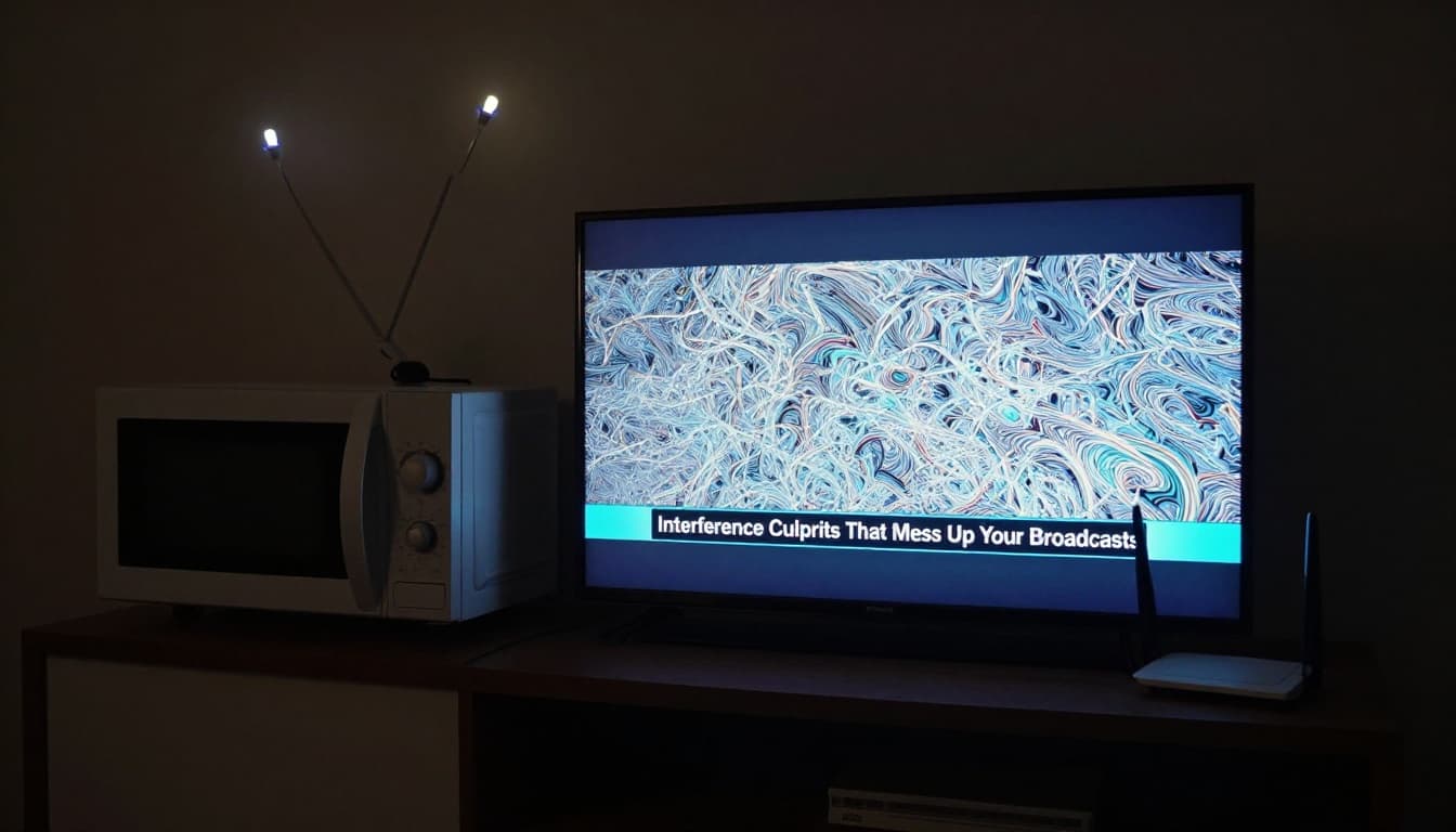 Cozy home interior featuring a running microwave oven near a TV antenna on a shelf, with the TV screen displaying scrambled interference patterns, glowing LED bulbs overhead, and a nearby router emitting waves. Cinematic style with strong contrast, depth, and dramatic lighting.