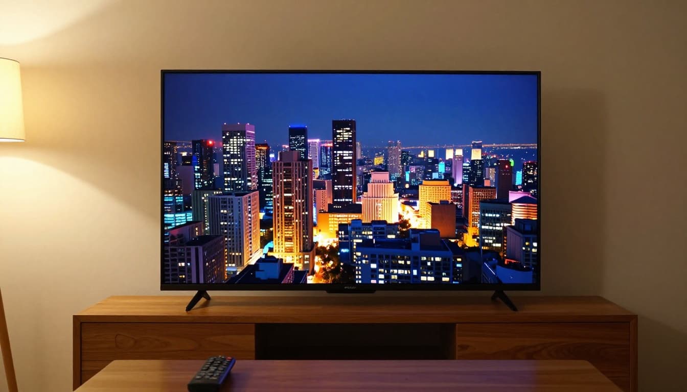 Modern flat-screen TV displaying sharp, vibrant HD cityscape at night with clear details and rich colors, on wooden stand in contemporary living room with warm ambient lighting.