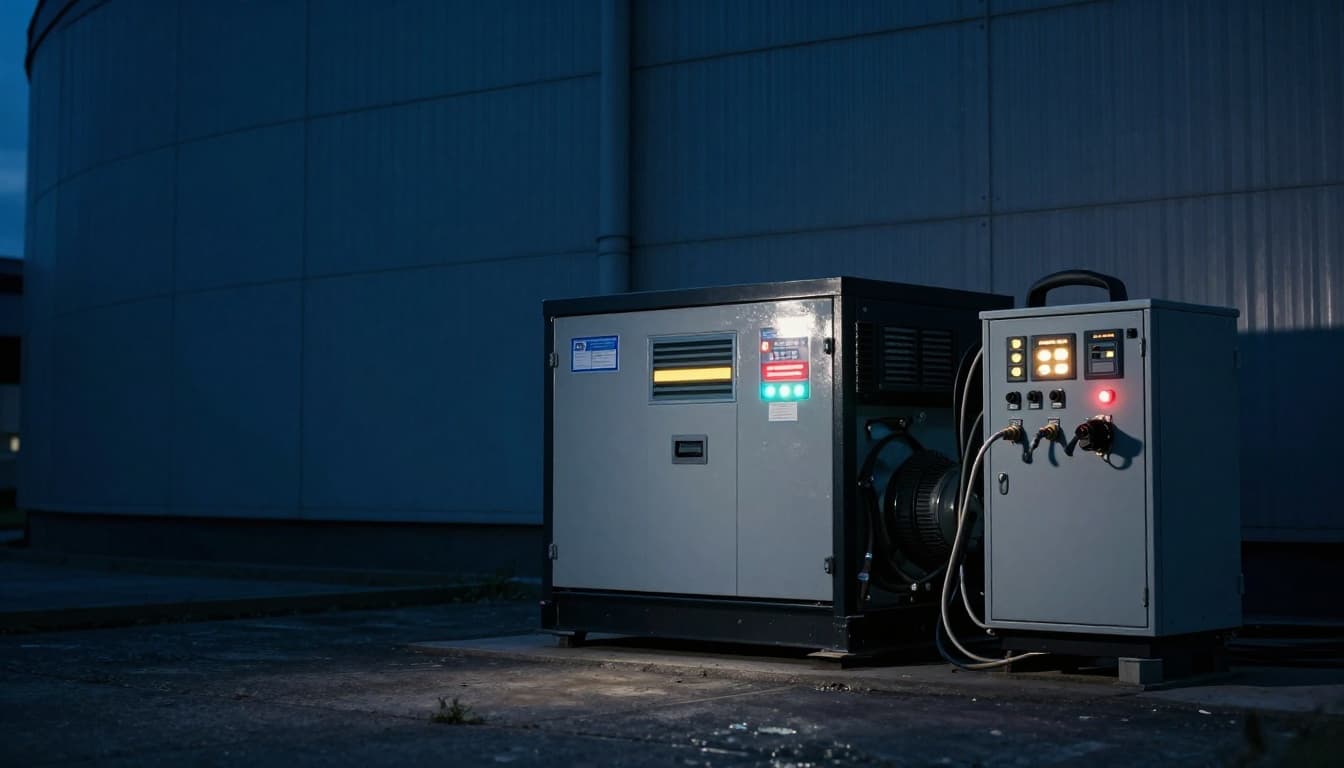Backup diesel generator humming outside a broadcast station during a nighttime emergency, cables connected to power inputs, control panel lit up, cinematic style with strong contrast, depth, and dramatic lighting and deep blue-gray tones.