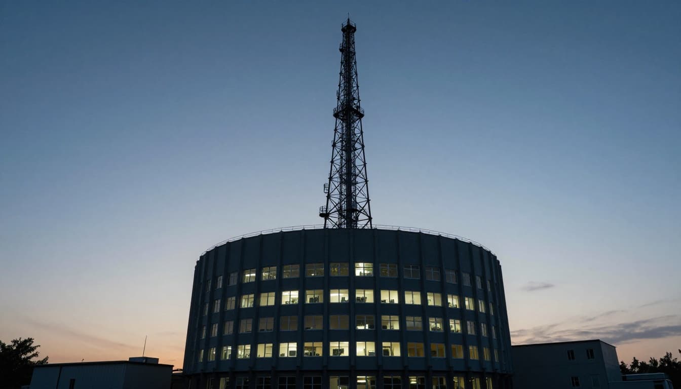 Towering radio transmitter building with large antenna mast at dusk, powerful equipment glowing faintly through windows, dramatic sky with rays, cinematic style in cool blue-gray palette.