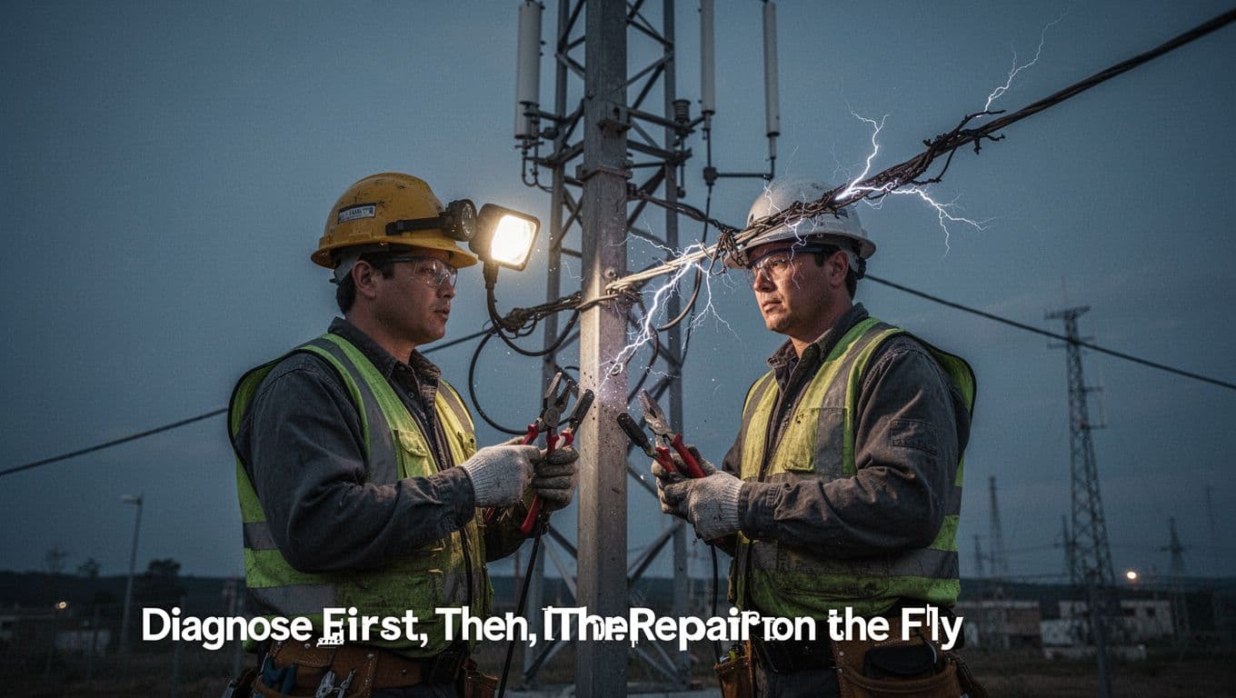 Engineer in safety gear inspecting and repairing a damaged radio transmission line at the base of a tower, with visible arcing, tools in hand, in an industrial dusk setting with cinematic lighting and deep blue-gray tones.