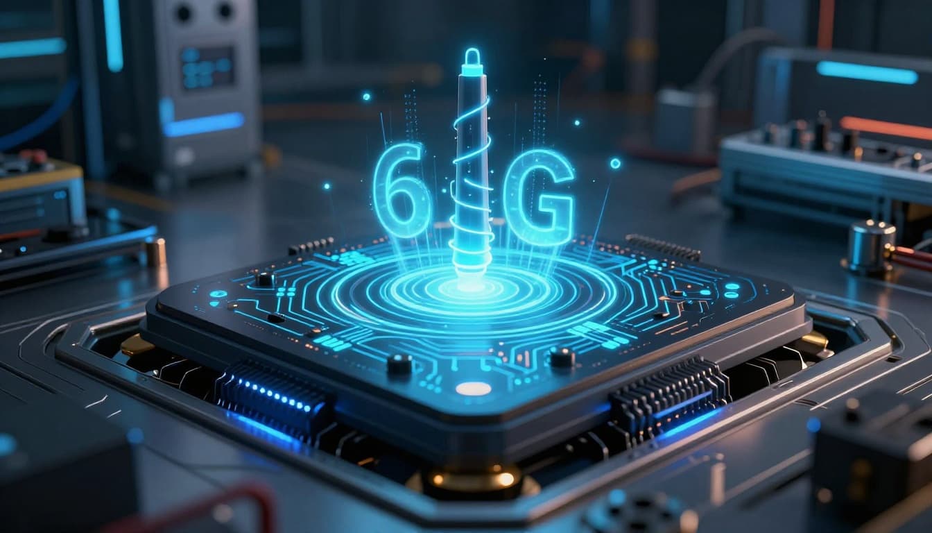 Futuristic 6G transmitter chip with glowing circuits and emanating wireless waves, integrated into a smart sensor device on a modern factory floor in cinematic style with dramatic neon lighting.