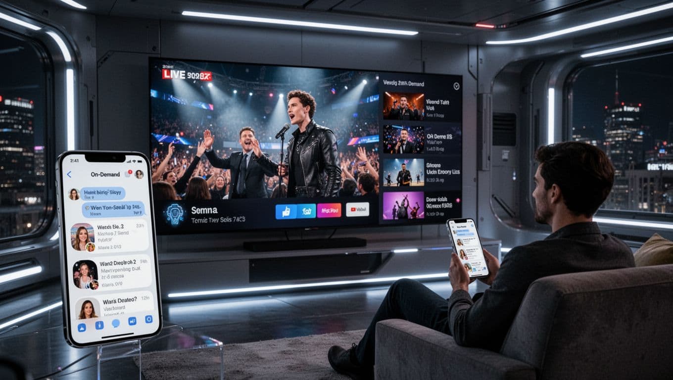 A futuristic living room showcases a hybrid streaming setup where a TV displays a live event with an on-demand clips sidebar, complemented by a phone featuring social chat and AI interface. One person views comfortably under dramatic cinematic lighting with strong contrast and depth.