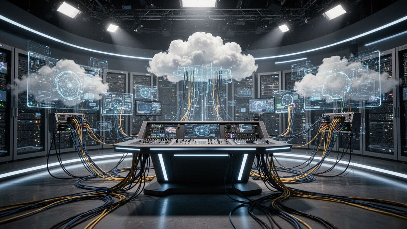 Futuristic broadcast studio featuring holographic displays, background cloud servers, and IP network cables connecting to a single main console, rendered in cinematic style with strong contrast, depth, and dramatic lighting.