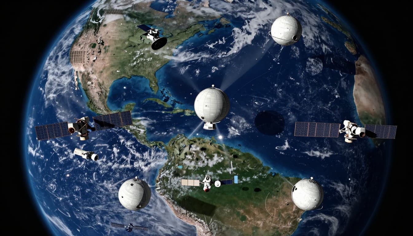 A cinematic visualization comparing two GEO satellites stationary over Earth's equator with wide beams and four LEO satellites in lower orbits with narrow beams, set against Earth continents and space background with dramatic lighting.