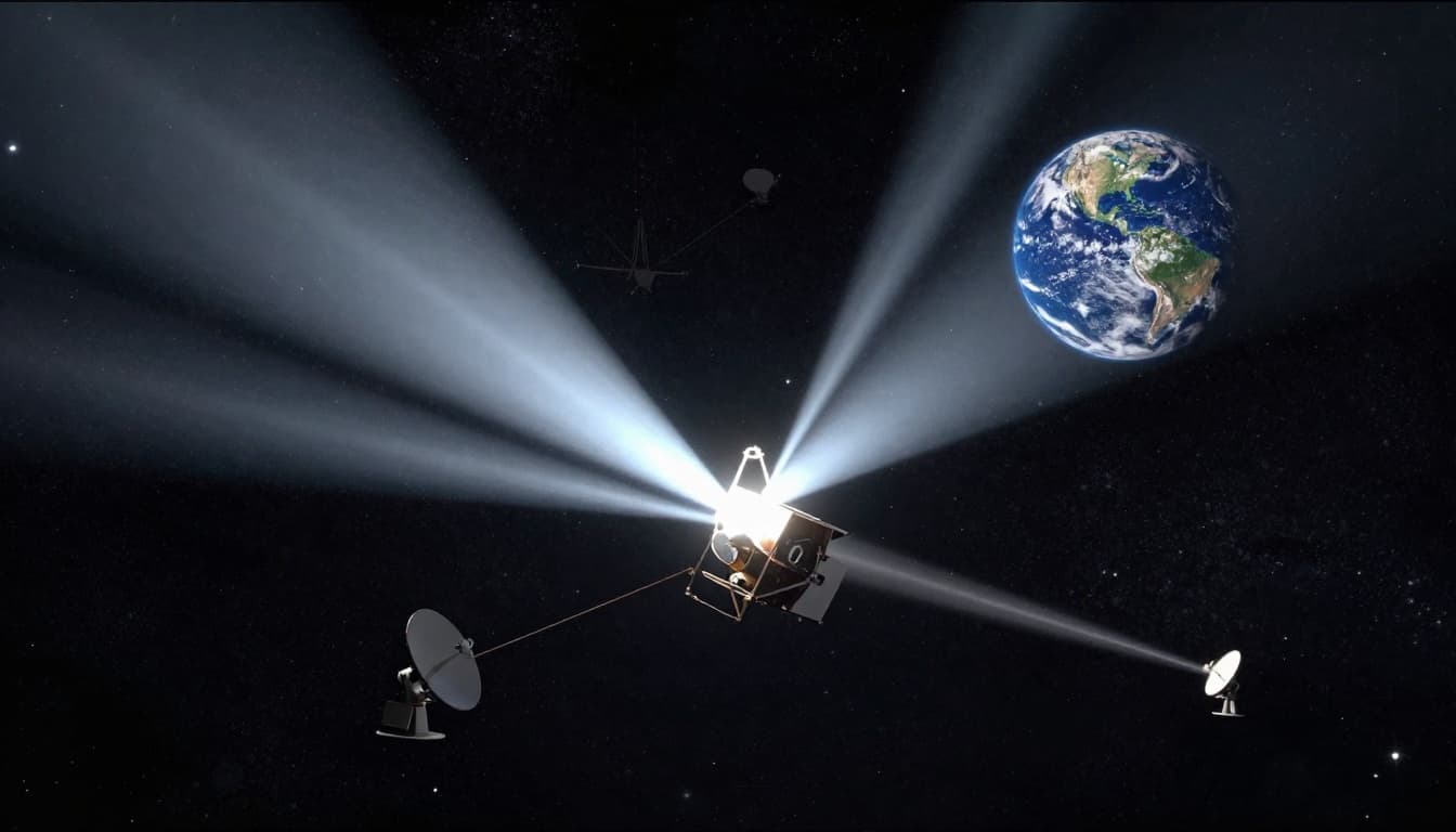 Satellite in geostationary orbit above Earth beaming signals to ground stations and home dishes worldwide, with visible Earth curvature and beams of light in a starry space background. Cinematic style with strong contrast, depth, and dramatic lighting.