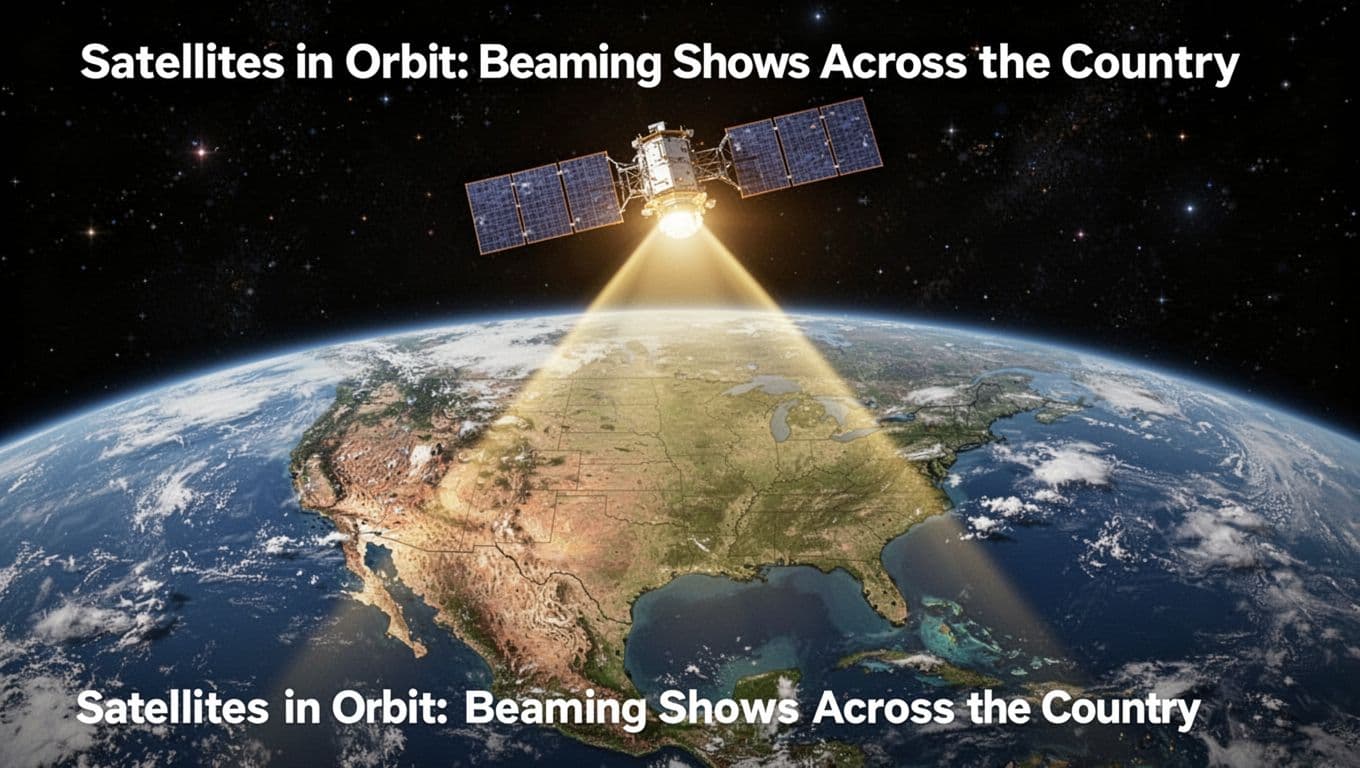 Geostationary communications satellite orbiting Earth at 22,000 miles over North America, beaming wide focused downlink signal to continent below with partial Earth curvature, clouds, black space, and stars in cinematic style.