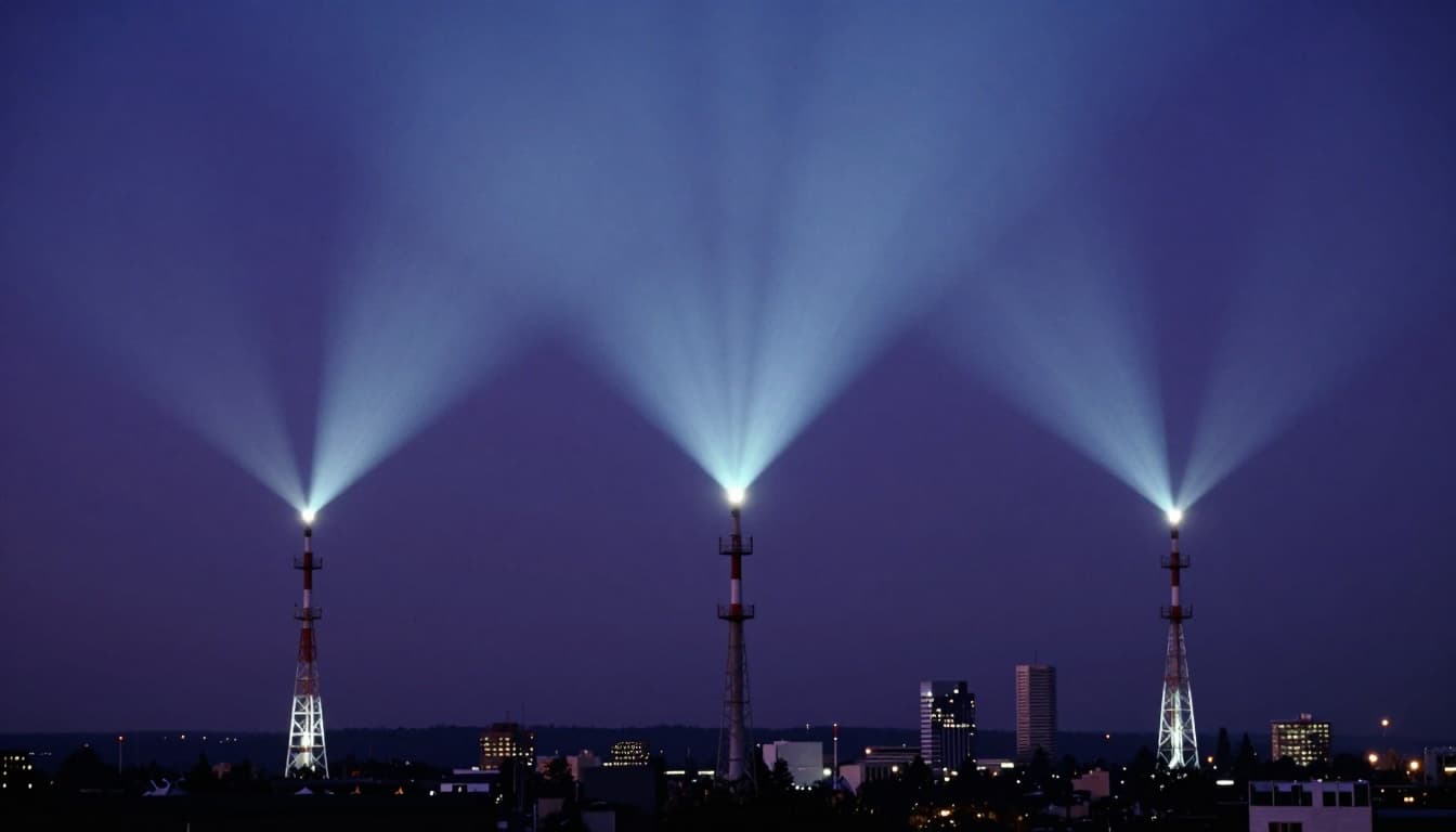 Broadcast towers in North America, Europe, and Asia emit glowing signal beams over city skylines and landscapes, highlighting regional standards for sharp and reliable transmission in a cinematic style.