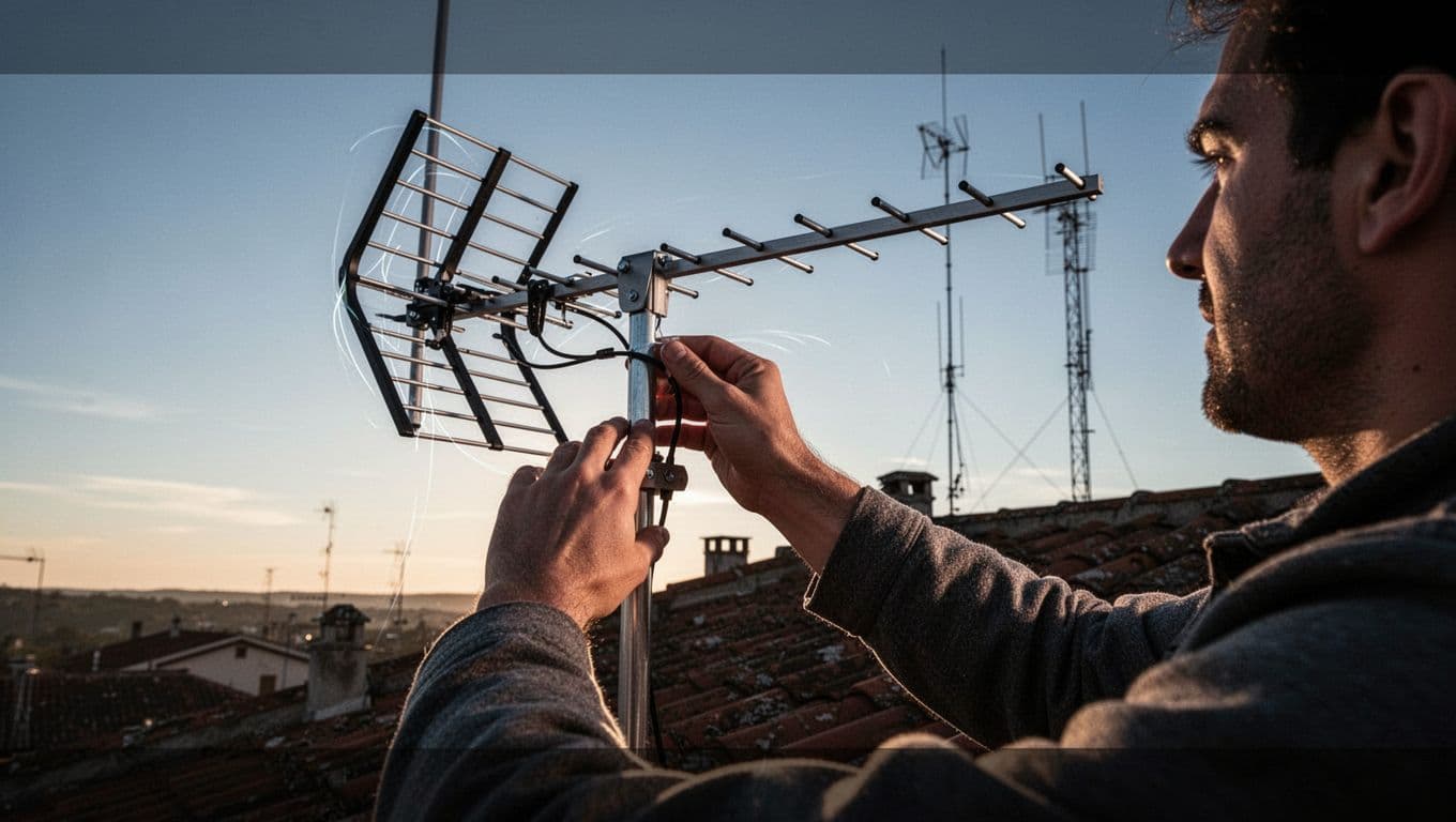 A person's relaxed hands gently reposition the outdoor TV antenna on an attic mount, aiming it toward horizon towers under a clear sky for improved signal flow.
