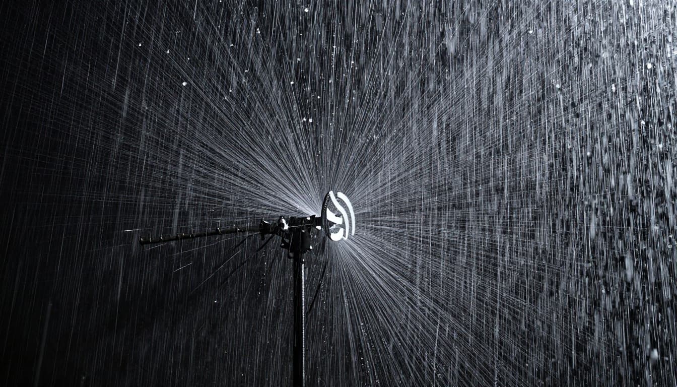 Heavy rain pours on an outdoor WiFi antenna, scattering radio waves with water droplets as signal strength bars fade in the storm, captured in cinematic style with dramatic lighting and contrast.