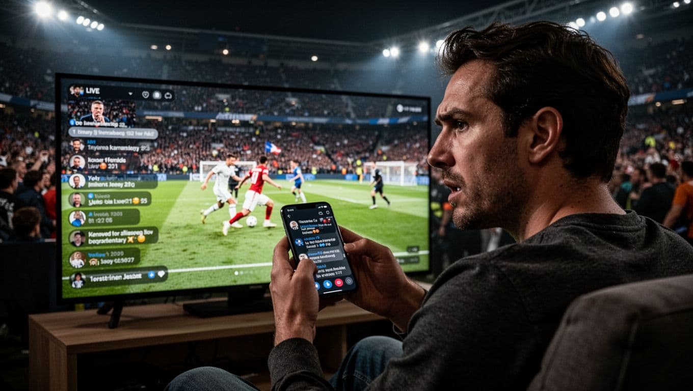 A single focused viewer at home intently watches a live sports stream on their phone, with stadium crowd atmosphere and subtle chat overlay on screen. Dramatic high-contrast lighting captures the tense expression and cinematic depth of immersion.