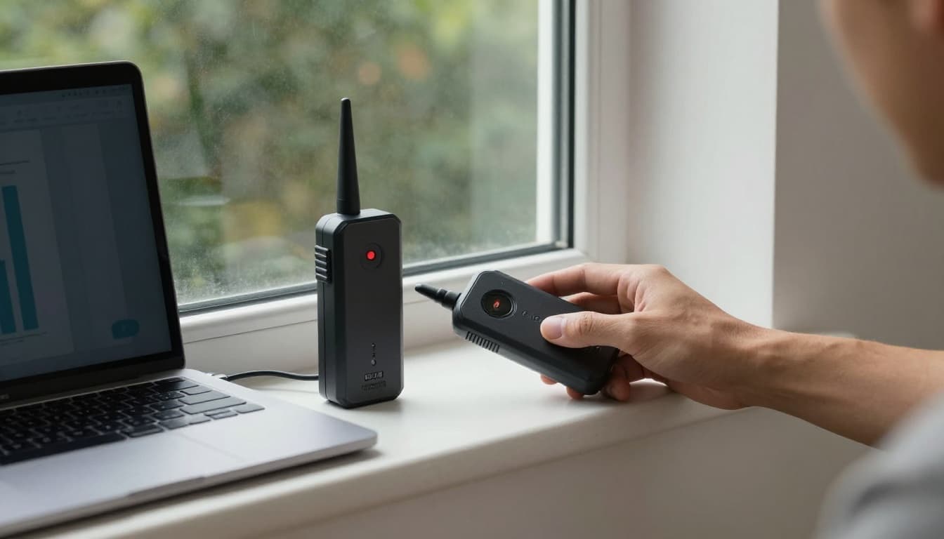 A person relaxes hands placing a signal booster on a window sill in a modern home with thick walls to amplify signal from an outside tower, with a nearby laptop displaying improved bars in cinematic style with dramatic lighting.