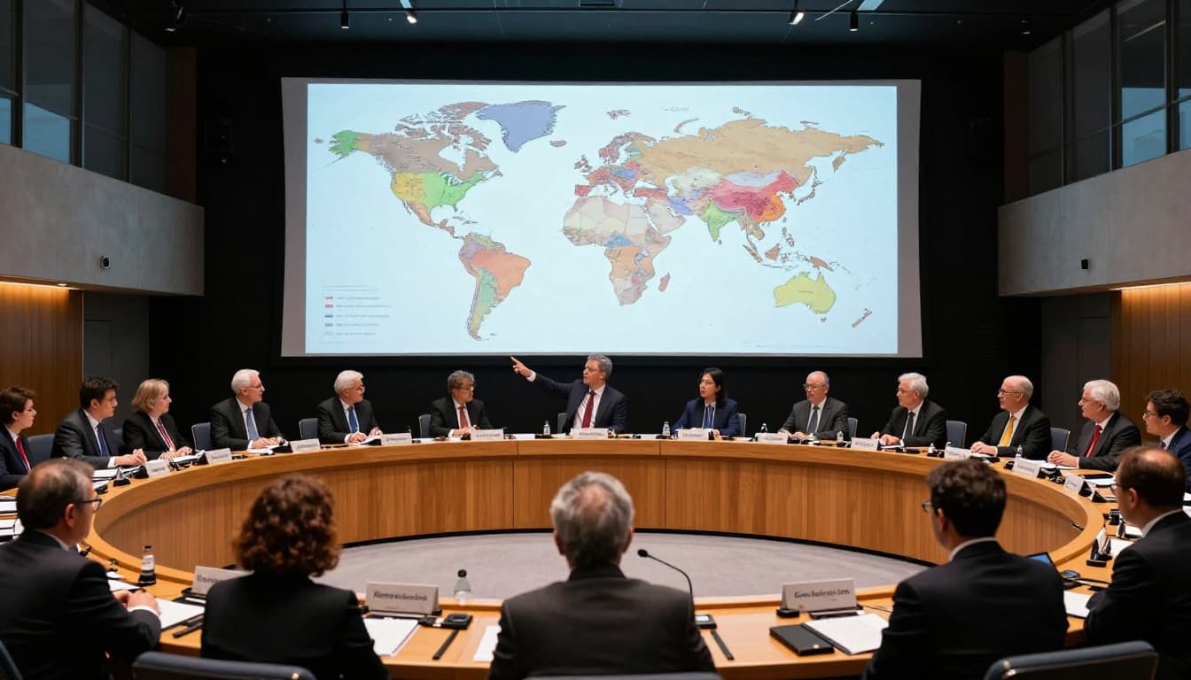 International delegates from various countries seated around a large oval conference table in a modern auditorium, one standing at the podium pointing to a frequency allocation chart on a screen with a world map behind, cinematic style with dramatic lighting.