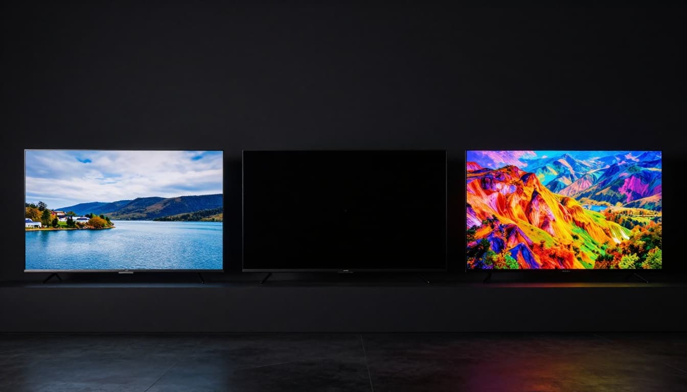 Side-by-side cinematic comparison of three TVs on a dark wall: LCD showing a bright room-lit scene, OLED a deep black space scene, and QLED a vibrant colorful landscape, using the same test image to highlight performance differences.