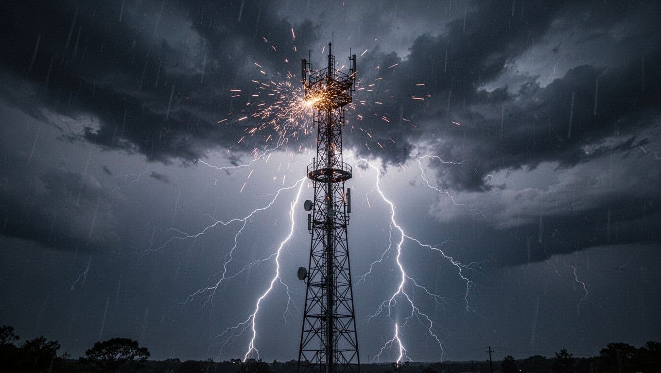 A tall broadcast tower struck by lightning during a stormy night, with sparks flying from the antenna amid dark clouds and rain in a cinematic style with dramatic lighting and deep blues and grays.