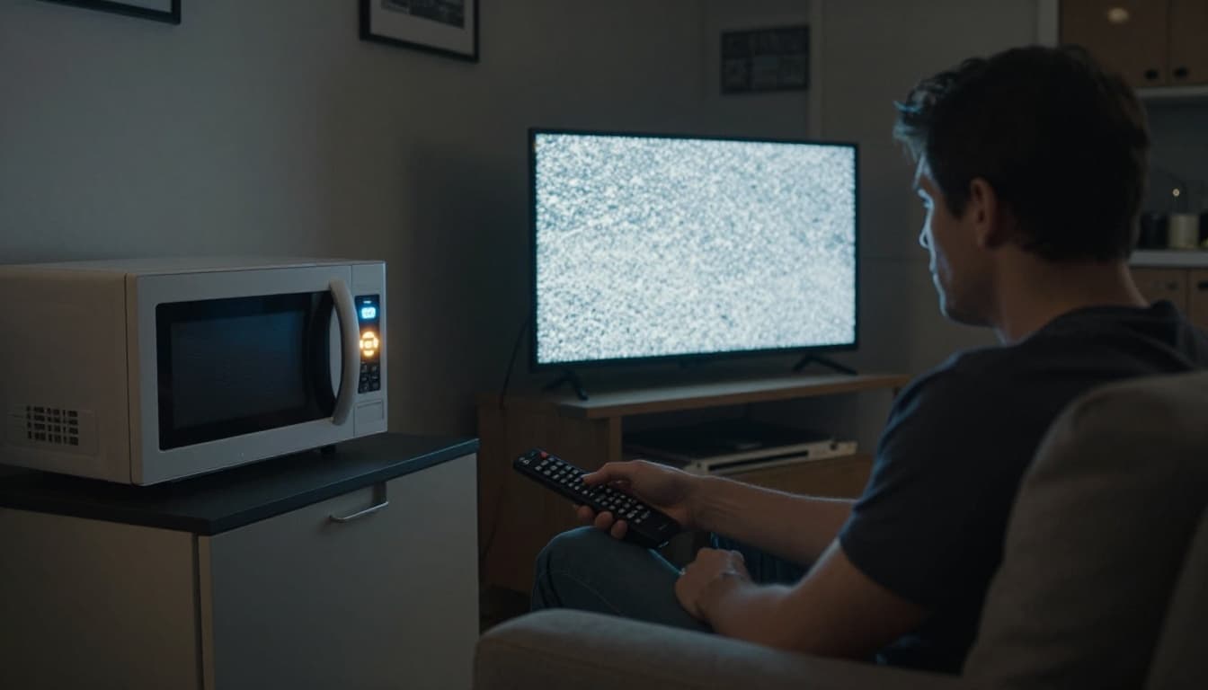 In a cinematic living room scene with adjacent kitchen, a microwave oven runs and beeps with its light on, causing heavy static snow and pixelation on a nearby TV. A single frustrated adult viewer sits on the couch holding the remote.