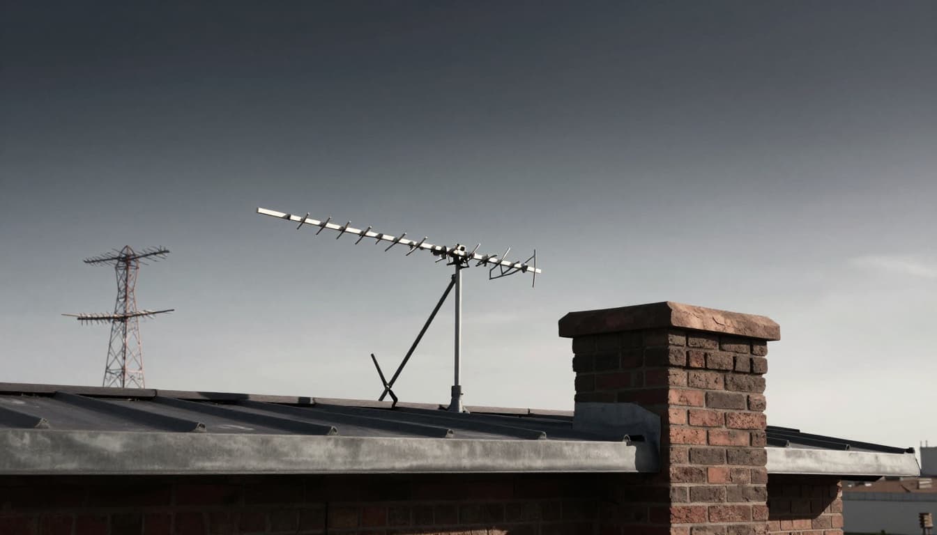 Outdoor rooftop with a directional TV antenna pointing the wrong way, blocked by metal roof edge and chimney, while distant towers are in the opposite direction, illustrating weak signal reception.