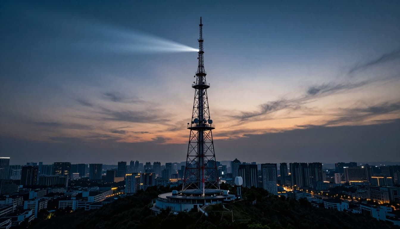A tall modern broadcast tower on a hill at dusk features high-power transmitter equipment at its base and a directional antenna array focusing the signal beam, overlooking a city skyline with cinematic lighting.