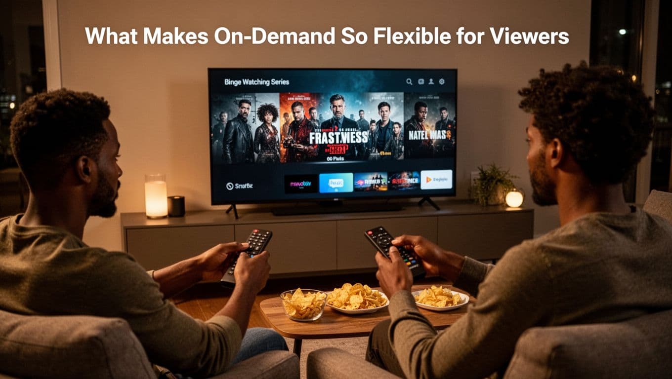 A lone viewer in a modern home setup binge-watches a series on a smart TV with the interface paused at an angle, remote in hand and snacks nearby, under warm lighting with cinematic depth and strong contrast.