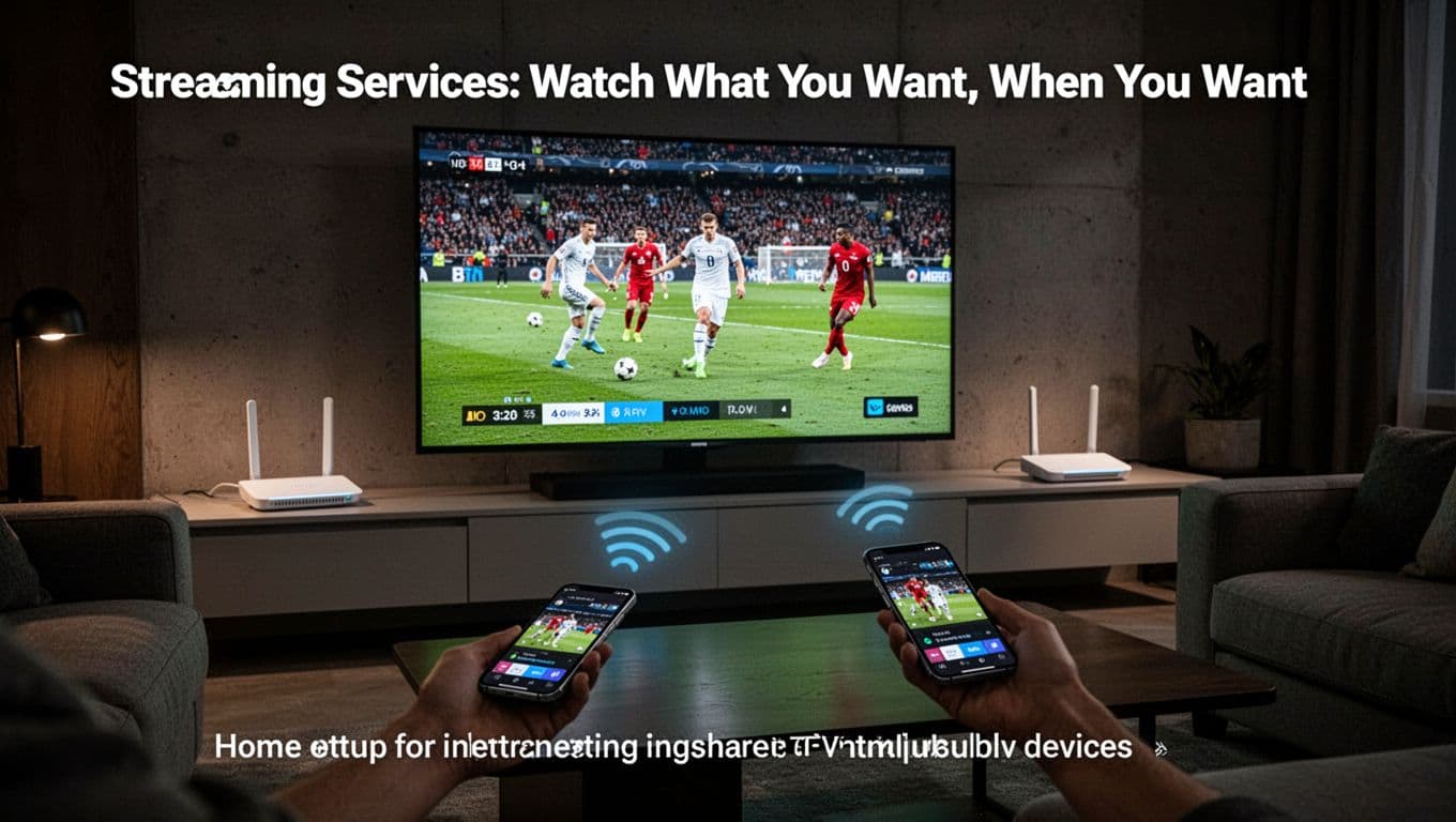 A modern living room with a smart TV showing a live sports stream, WiFi router on the shelf, and a phone on the table casting content, captured in cinematic style with strong contrast and dramatic lighting.