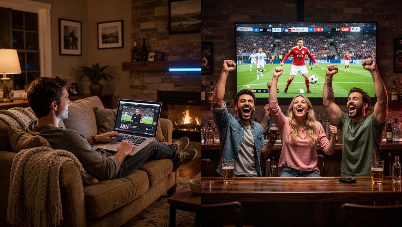 Split composition contrasts a relaxed person pausing video on laptop in cozy living room with excited trio cheering live sports on TV in bar, dramatic lighting emphasizes solo flexibility versus communal thrill.
