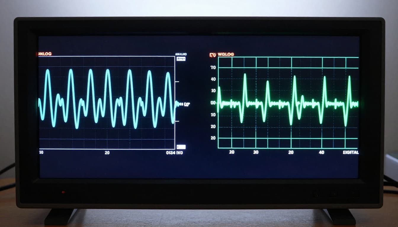 Close-up oscilloscope screen displaying a smooth sine wave for analog signal on the left half and a square wave for digital signal on the right half, in a lab setting with dim blue lighting and cinematic glow.