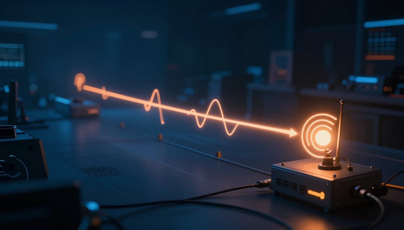 Step-by-step visualization of radio signal transmission: carrier wave from oscillator through modulation, amplification, to radiating from antenna, shown as glowing energy waves in a dark tech lab with cinematic blue and orange lighting.