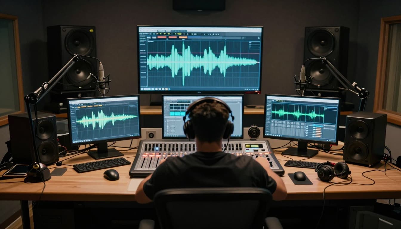Interior of a busy radio studio with a single DJ at the mixing console adjusting sliders, surrounded by microphones, headphones, and computer screens displaying audio waveforms under warm dramatic lighting.