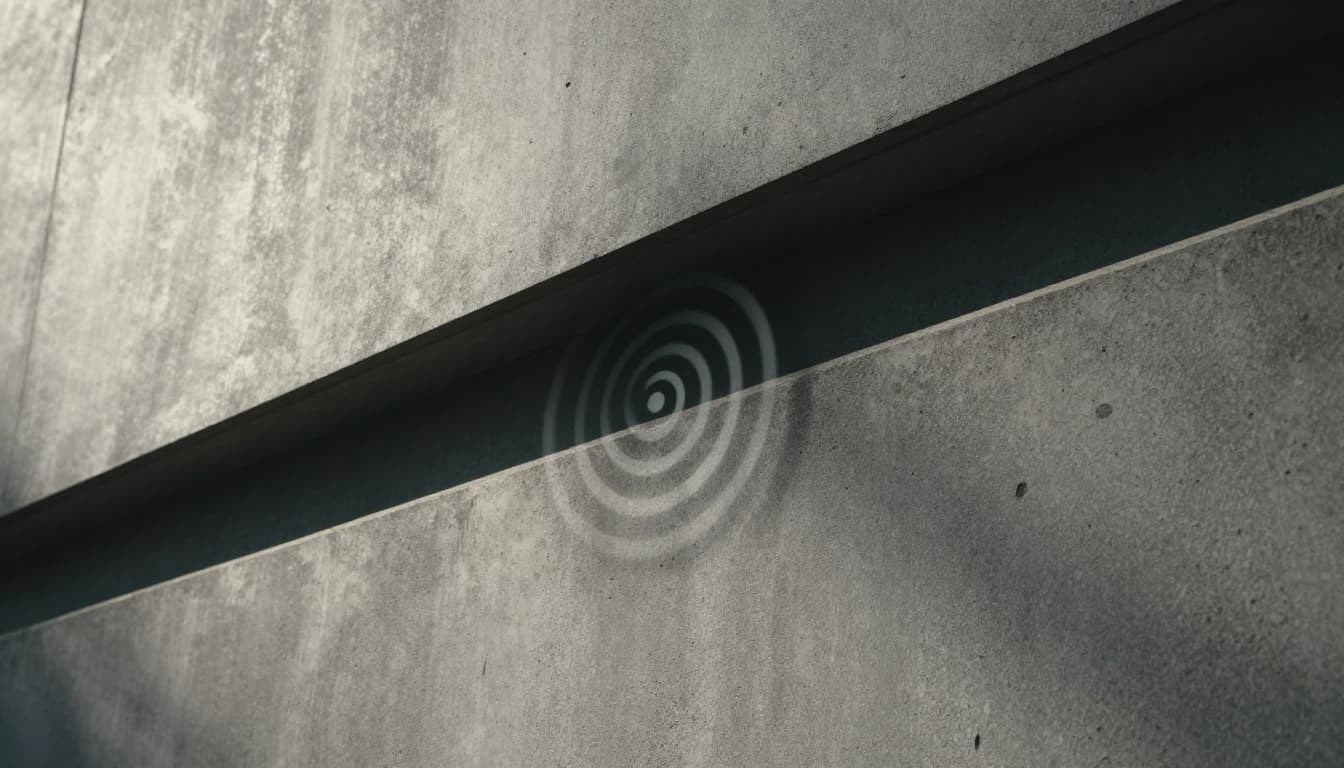 Radio waves visibly weaken and absorb into a concrete wall in an urban building, captured in cinematic style with strong contrast, depth, and dramatic side lighting in a close-up view.