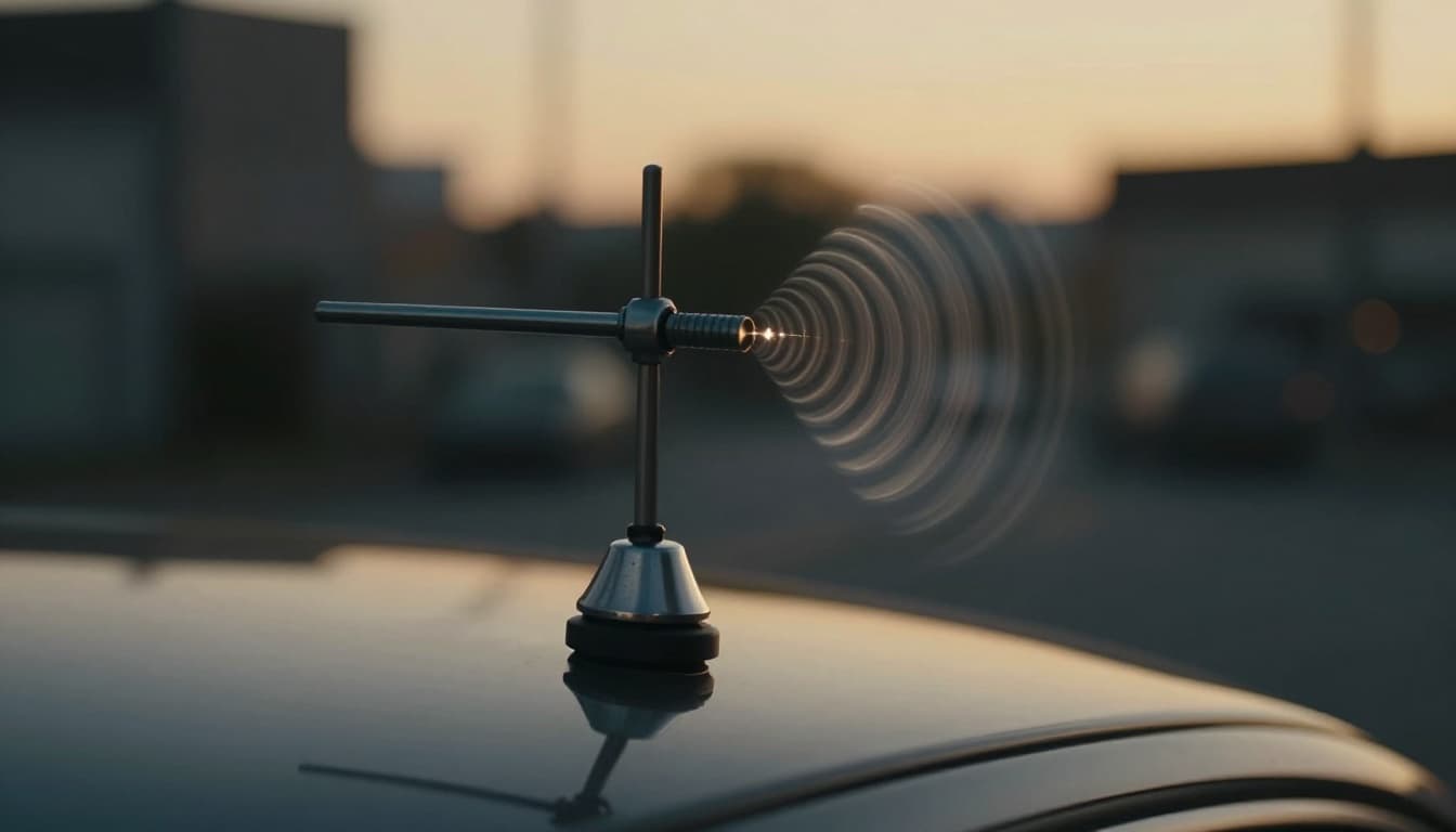 Electromagnetic radio waves visualized as glowing ripples propagate toward a metal rod antenna on a car roof, distorting around the tip with a small voltage spark in an urban dusk setting.