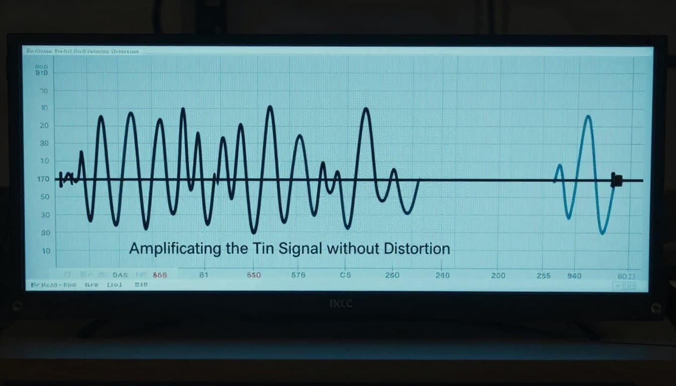 Oscilloscope traces side-by-side show RF amplifier stages boosting a weak wavy input signal into a strong identical output without distortion, on a clean electronics workbench with cinematic blue-toned lighting.