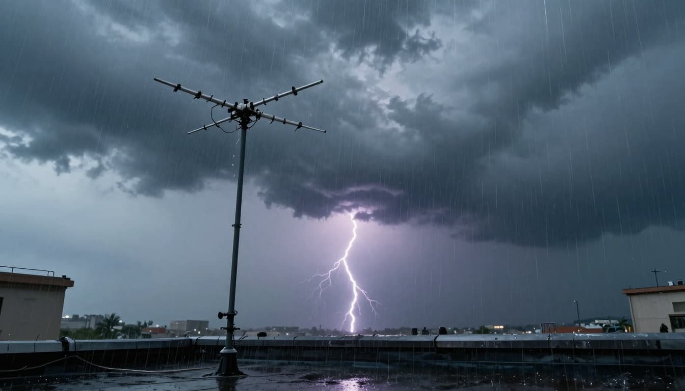 Rooftop antenna battered by heavy storm with rain and lightning, indoor TV showing distorted fuzzy picture via window overlooking turbulent sky in cinematic style.