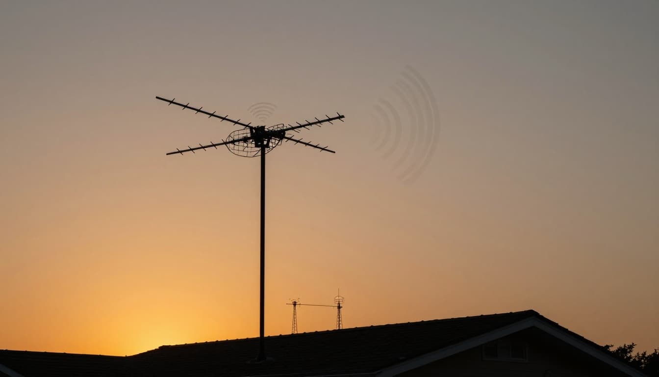 Rooftop TV antenna on a suburban house at sunset, with faint radio waves emanating towards it from distant towers, in a cinematic style with strong contrast, depth, and dramatic lighting.