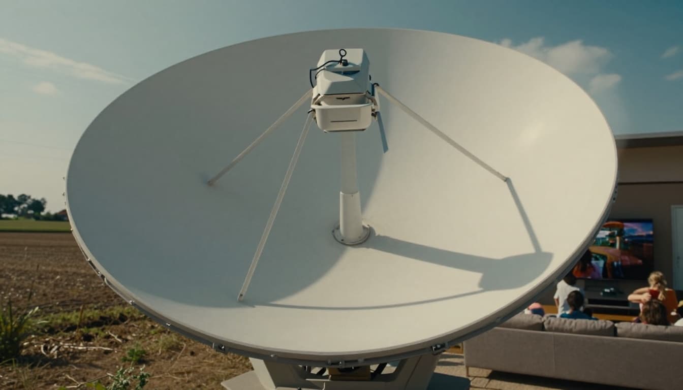 A satellite dish on a rural home receives TV signals under a clear sky, with a blurred living room background showing a family of four watching sports on a big screen amid fields.