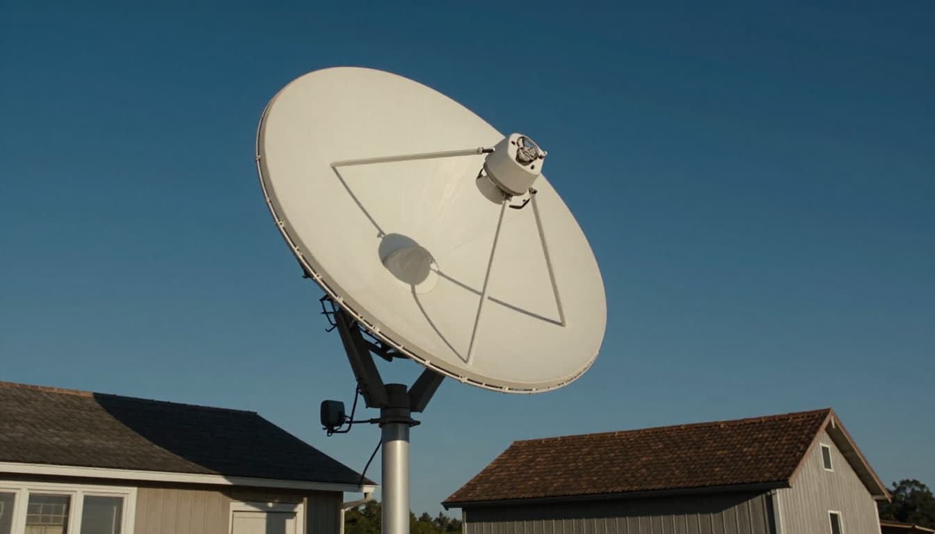 Satellite dish mounted on rural house exterior under clear sky, receiving signal beam from space satellite in cinematic style with strong contrast, depth, and dramatic lighting.
