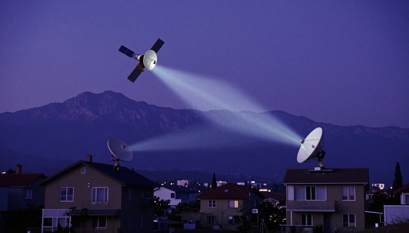 A satellite in space emits light beam signals connecting to a remote mountain home with a dish and an urban apartment with a cable box, in a split cinematic composition with dramatic lighting and cool blue-purple tones.