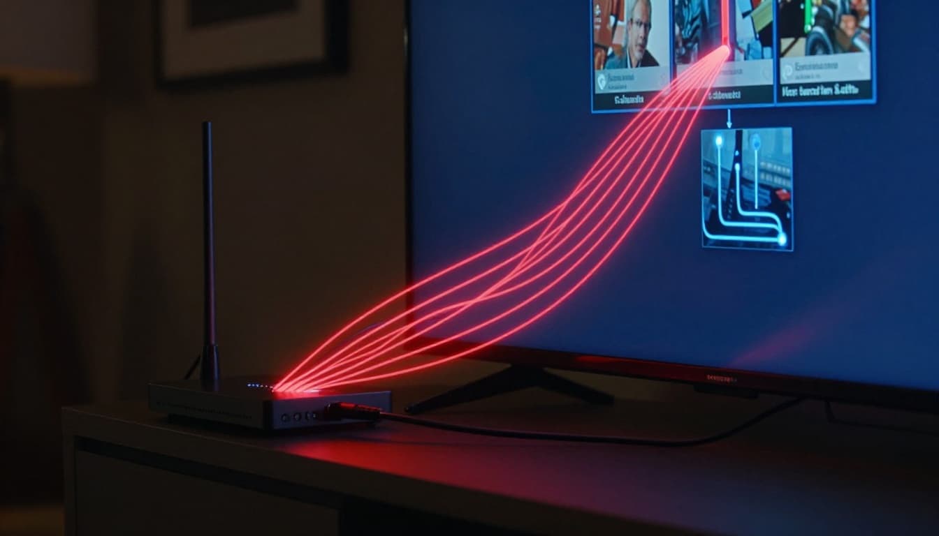 A set-top box connected to a modern TV in a dimly lit living room, with incoming encrypted satellite or cable signals as glowing red wavy lines entering the box and transforming into clear blue channel streams output to the TV screen. Close-up cinematic style with strong contrast and dramatic lighting.